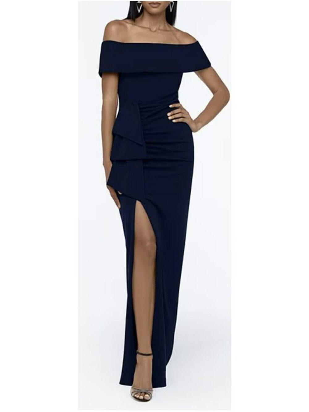 Xscape Size 8 Black Jersey Off Shoulder Long Maxi Dress Formal Gown NWT